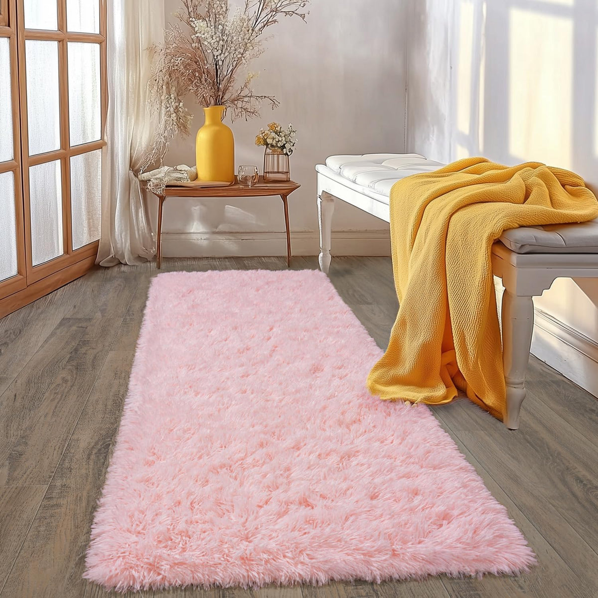 Ultra Soft Fluffy Pink Rugs for Bedroom 2x6 Feet, Fluffy Shag Area Rugs for Living Room, Large