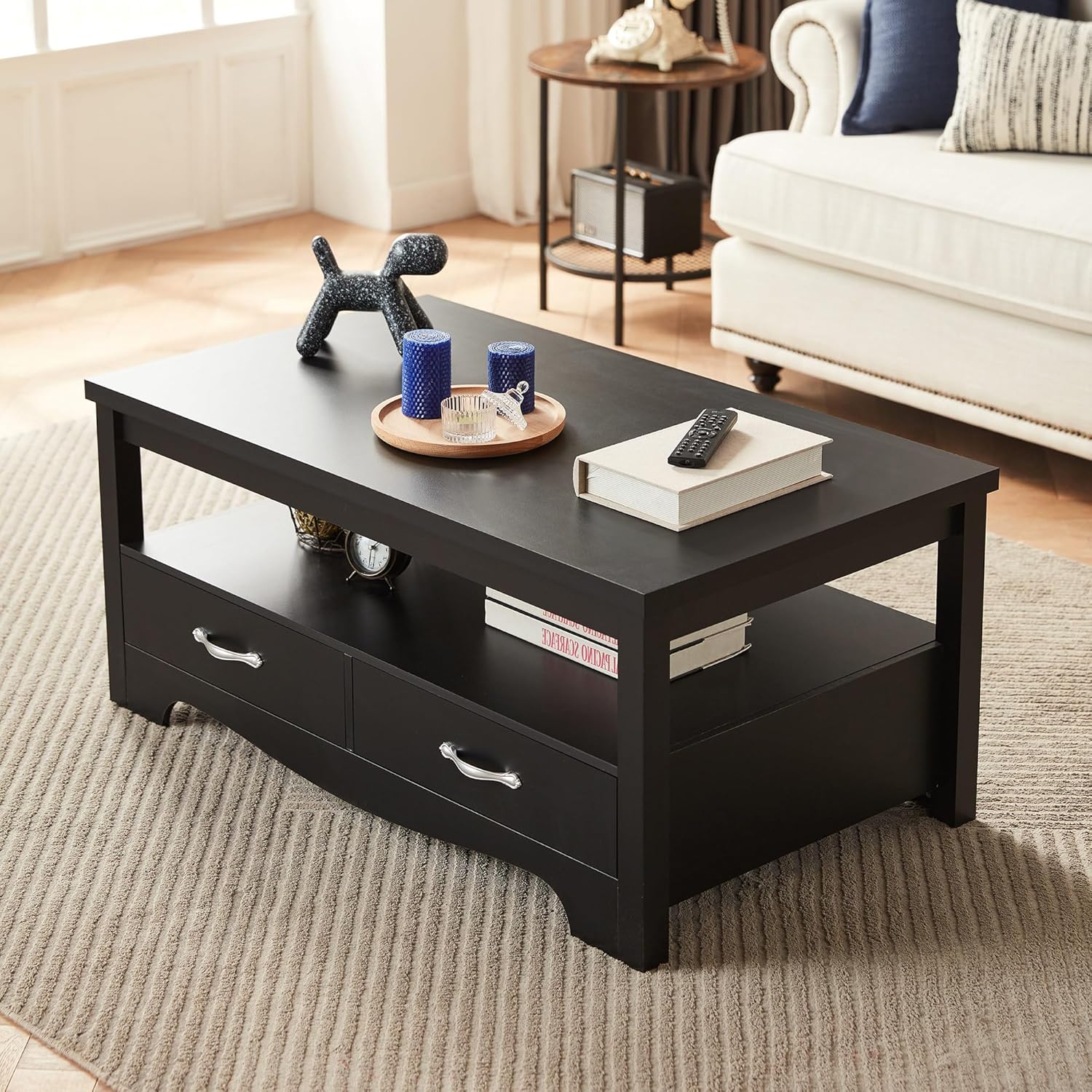LINSY HOME Farmhouse Coffee Table with Storage, Wood Coffee Table for Living Room, Open Display