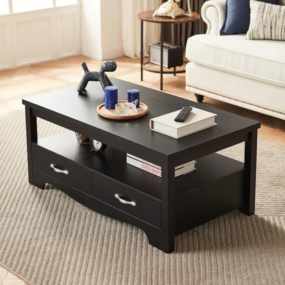 LINSY HOME Farmhouse Coffee Table with Storage, Wood Coffee Table for Living Room, Open Display