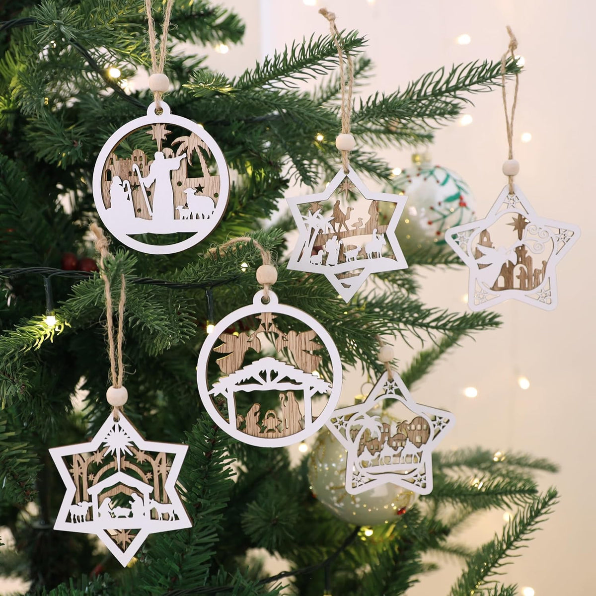 18Pcs Nativity Christmas Tree Ornaments Set, Wooden Nativity Scene Ornament, Religious Gift for