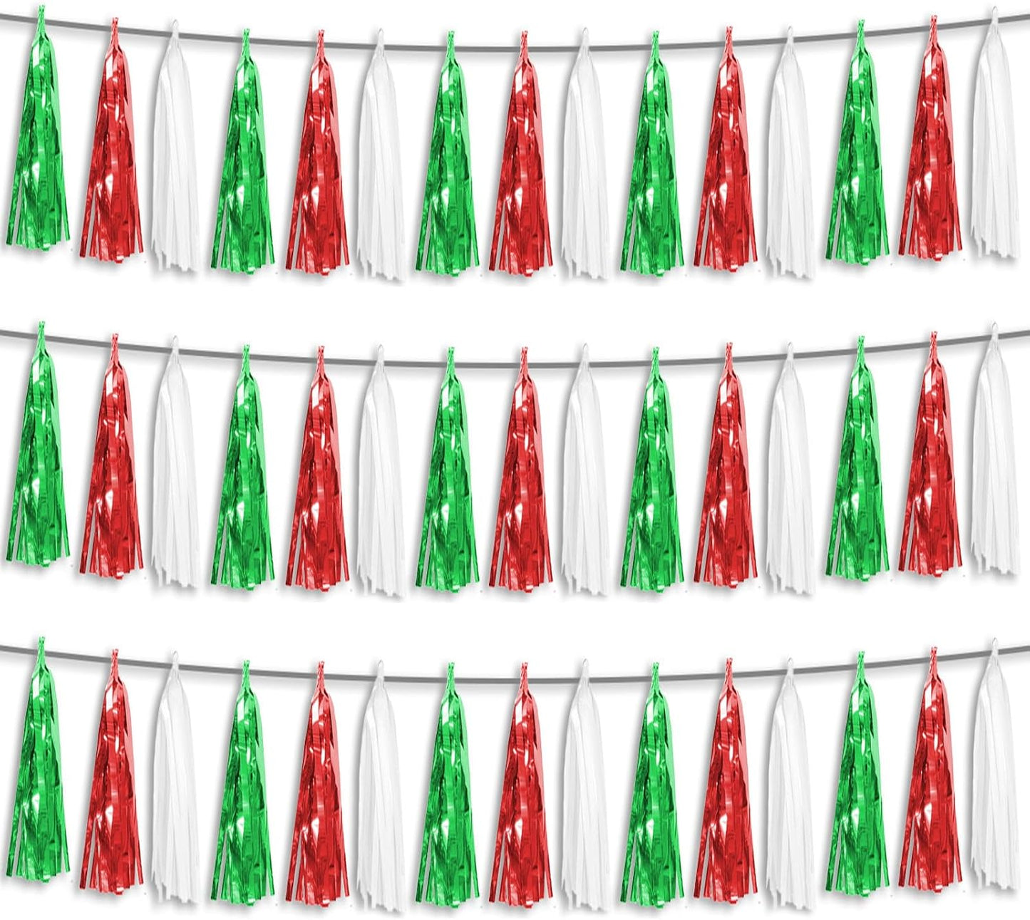 3P Red Green White Foil Fringe Metallic Tassel Streamers Banner Tassel Garland for Parade Floats