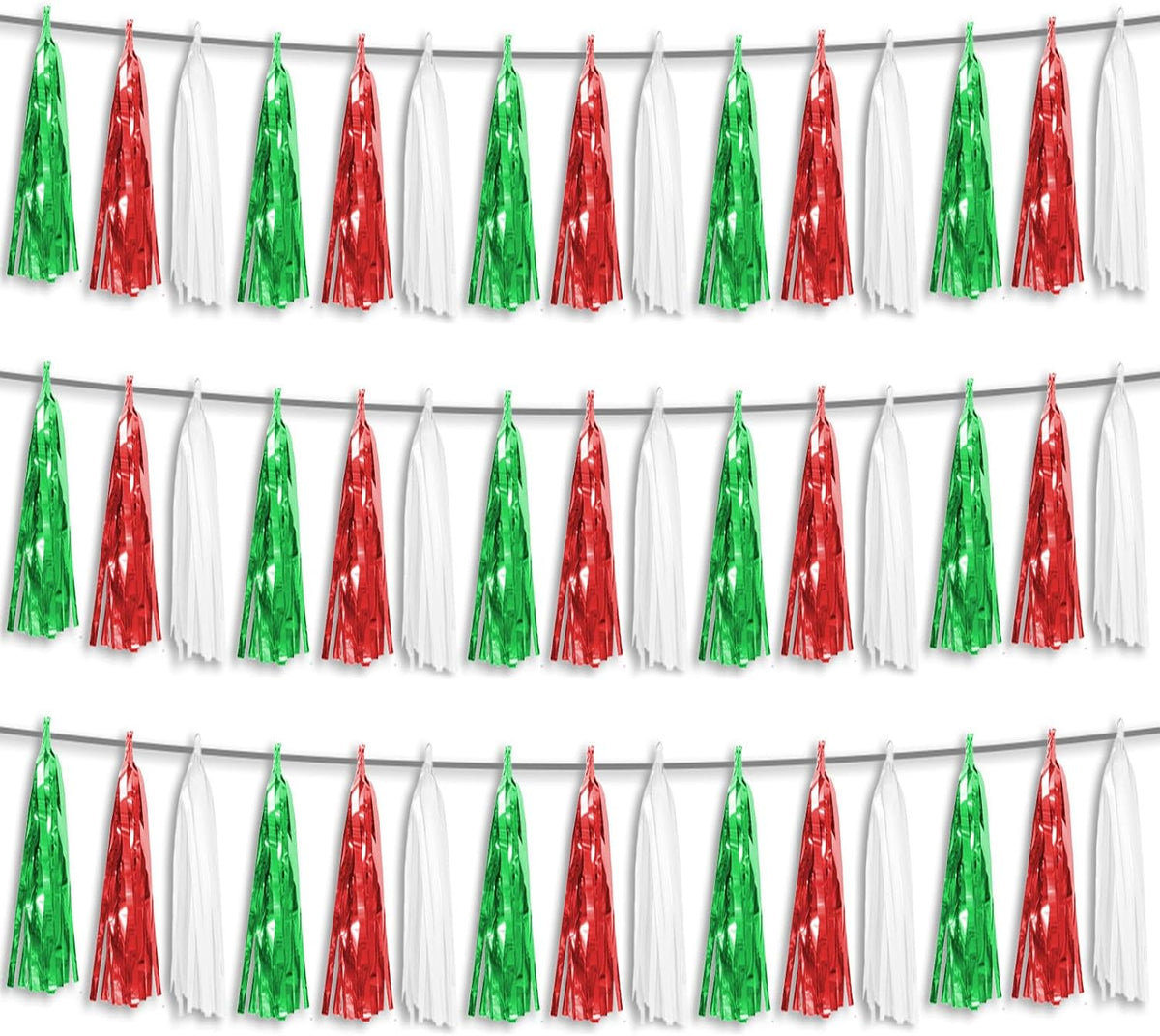 3P Red Green White Foil Fringe Metallic Tassel Streamers Banner Tassel Garland for Parade Floats