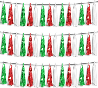 3P Red Green White Foil Fringe Metallic Tassel Streamers Banner Tassel Garland for Parade Floats
