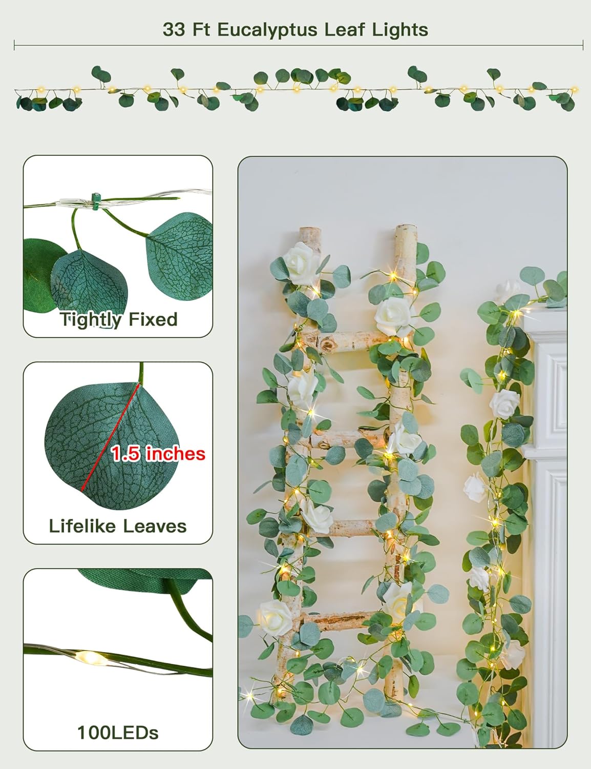 suddus Vines with Lights Battery Operated, 33ft 100 LED Eucalyptus Garland String Lights with