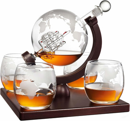 Whiskey Decanter Globe Set for Men with 4 Glasses, Bourbon, Rum, Scotch, Crystal Clear Decanter