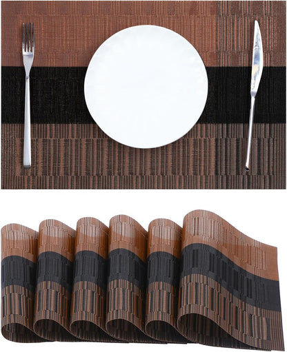Leetaltree Brown with Black Striped Placemats Set of 6 - Heat Resistant Non-Slip Place mats for