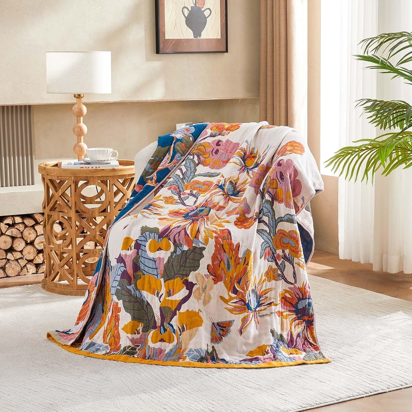 Boho Throw Blanket, 100% Cotton Ultra Soft Luxury Throw Rustic Quilt, 50"x60" Floral Bird Butterfly