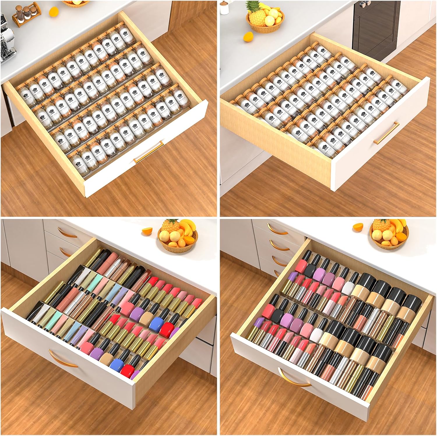 4-Tier Non-Slip Spice Drawer Organizer, 4-Pack Checkered Frosted Clear Acrylic, Expandable