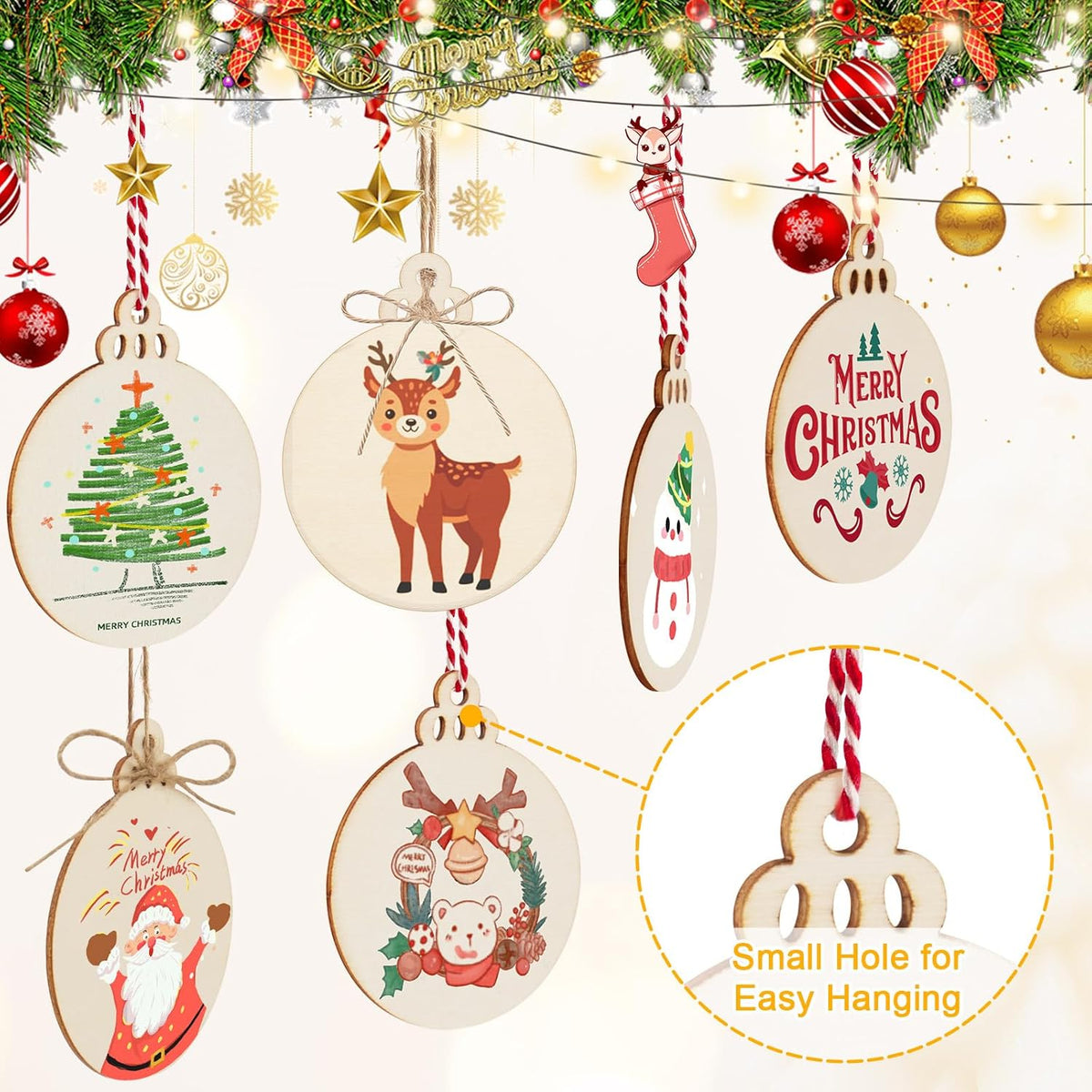 Philorn 50pcs Wooden Ornaments for Crafts 3.5" Unfinished DIY Wooden Christmas Ornaments