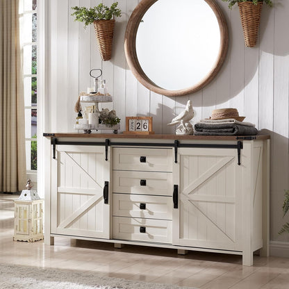 T4TREAM 60'' Farmhouse Dresser Chests for Bedroom w/4 Drawers & Sliding Barn Doors, Tall Chest of