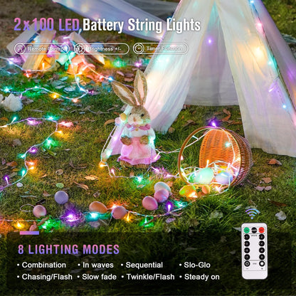JMEXSUSS 2 Pack Easter Lights Battery Operated Outdoor Indoor, Total 66ft 200 LED Multicolor Easter