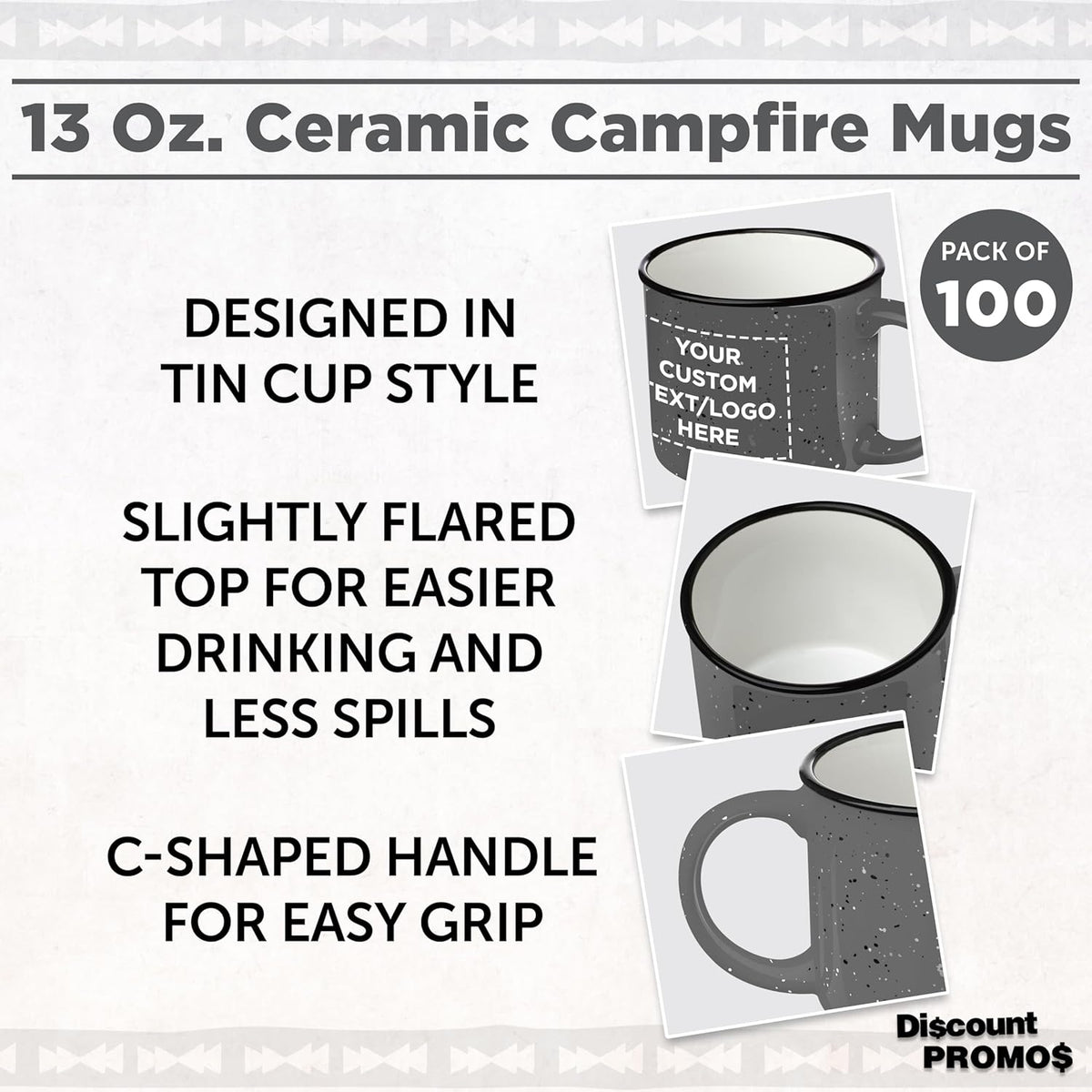 DISCOUNT PROMOS Custom Ceramic Campfire Coffee Mugs 13 oz. Set of 100, Personalized Bulk Pack