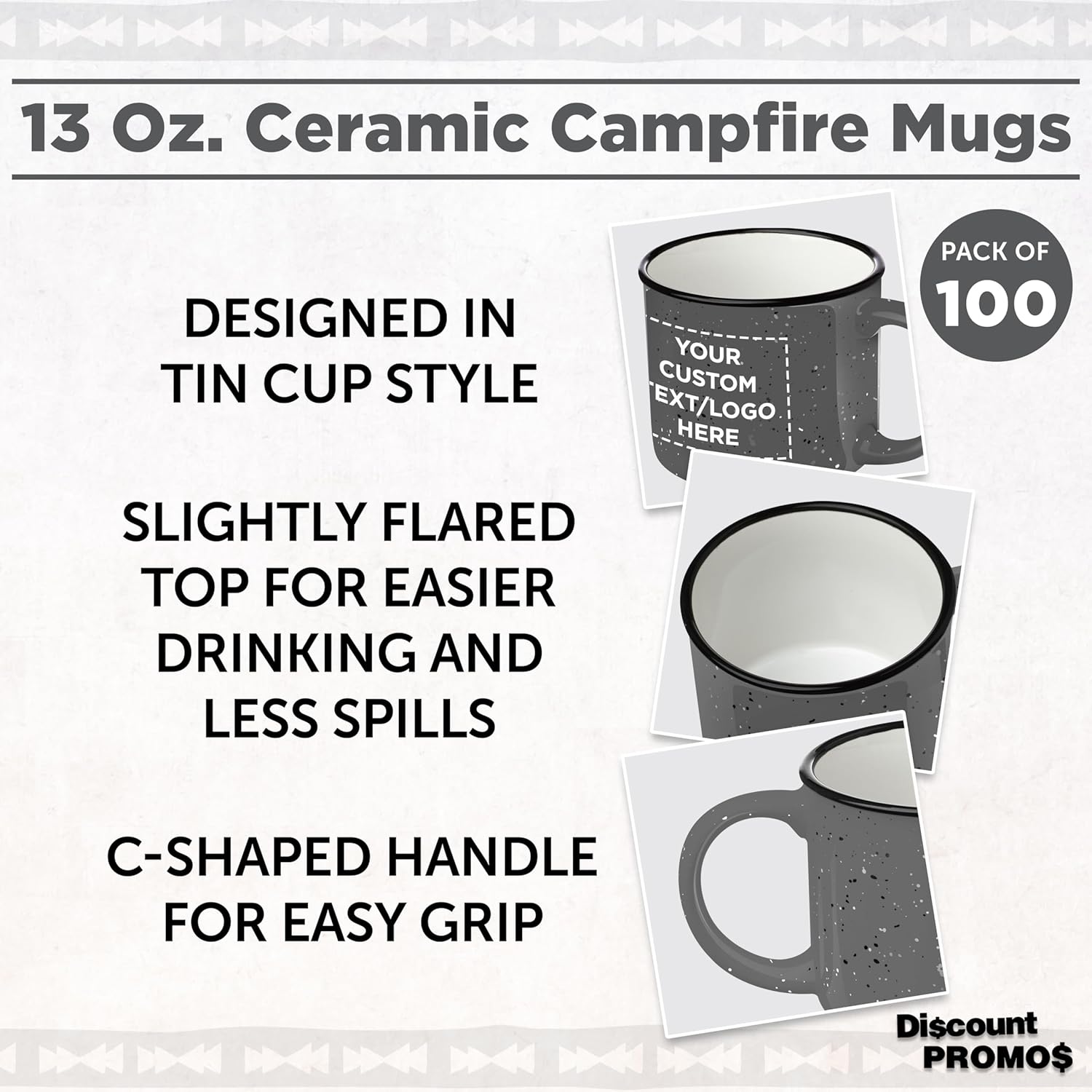 DISCOUNT PROMOS Custom Ceramic Campfire Coffee Mugs 13 oz. Set of 100, Personalized Bulk Pack