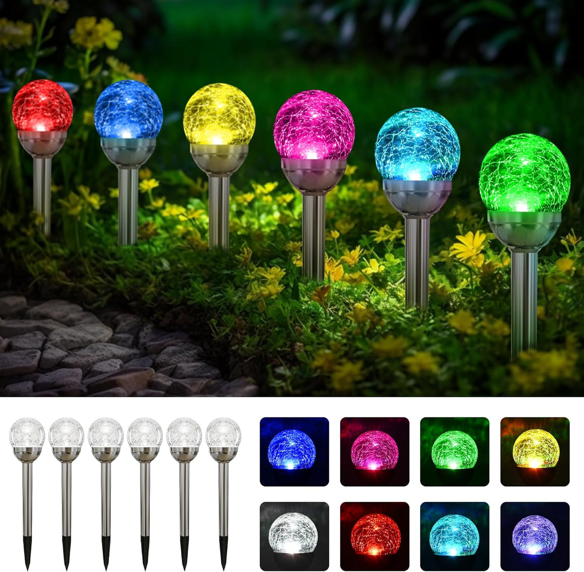 SOLPEX Solar Garden Lights Outdoor, 6 Pack Multi-Color Changing&White 2 Modes Solar Powered Glass