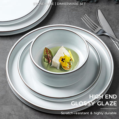 Onader Dinnerware Dishes Sets for 8, Stoneware Plates and Bowls with Unglazed Terracotta Bottom