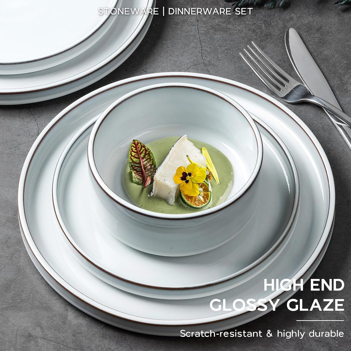 Onader Stoneware Dinnerware Sets, 12 Piece Plates and Bowls Dish Sets for 4, Ceramic Dishware
