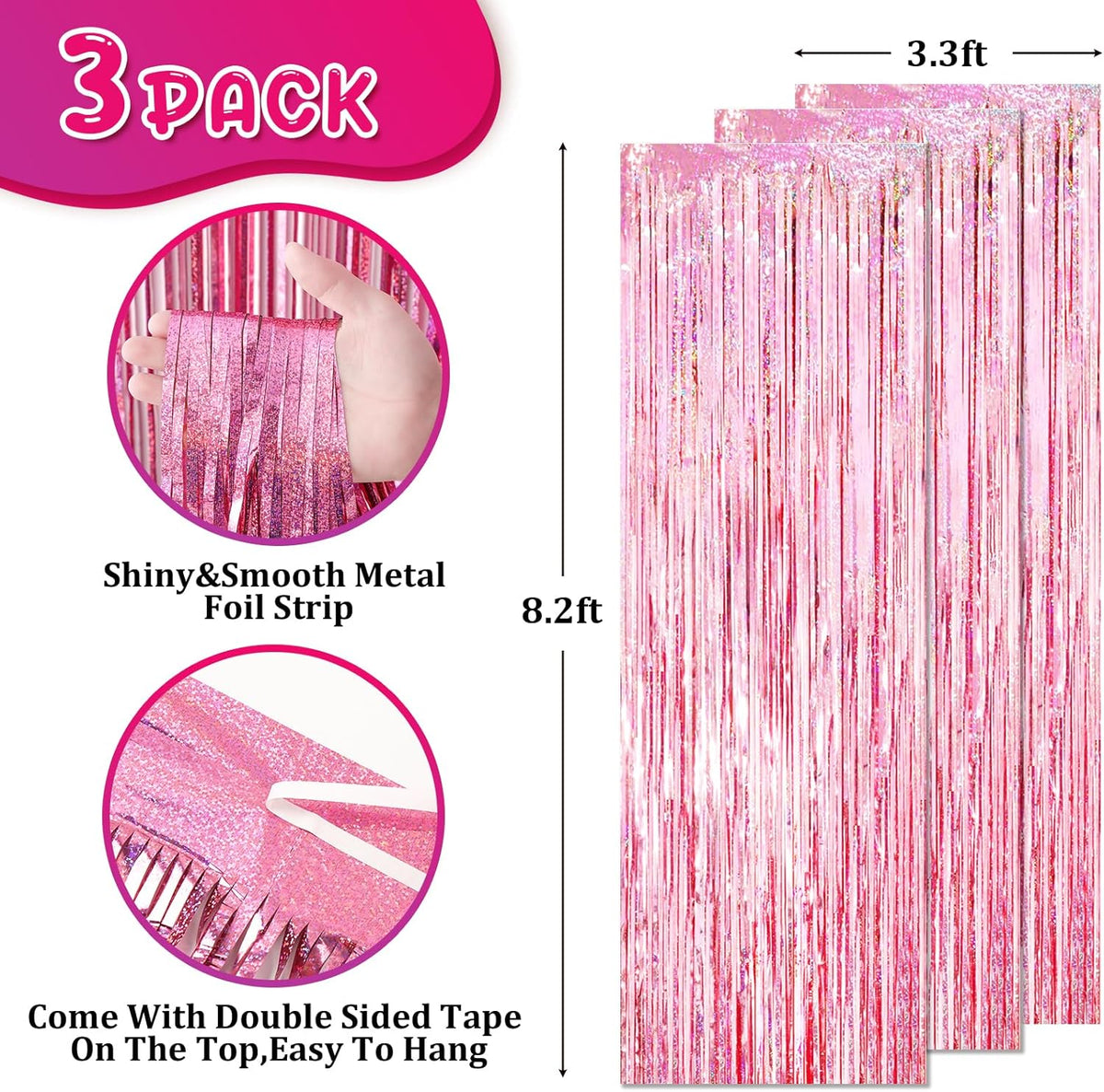 3 Pack 3.3x8.2 Feet Laser Pink Foil Fringe Backdrop Curtains, Tinsel Streamers Birthday Party