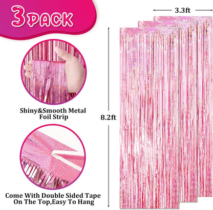 3 Pack 3.3x8.2 Feet Laser Pink Foil Fringe Backdrop Curtains, Tinsel Streamers Birthday Party