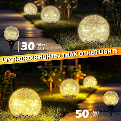 Garden Solar Ball Lights Outdoor Waterproof, 50 LED Cracked Glass Globe Solar Power Ground Lights