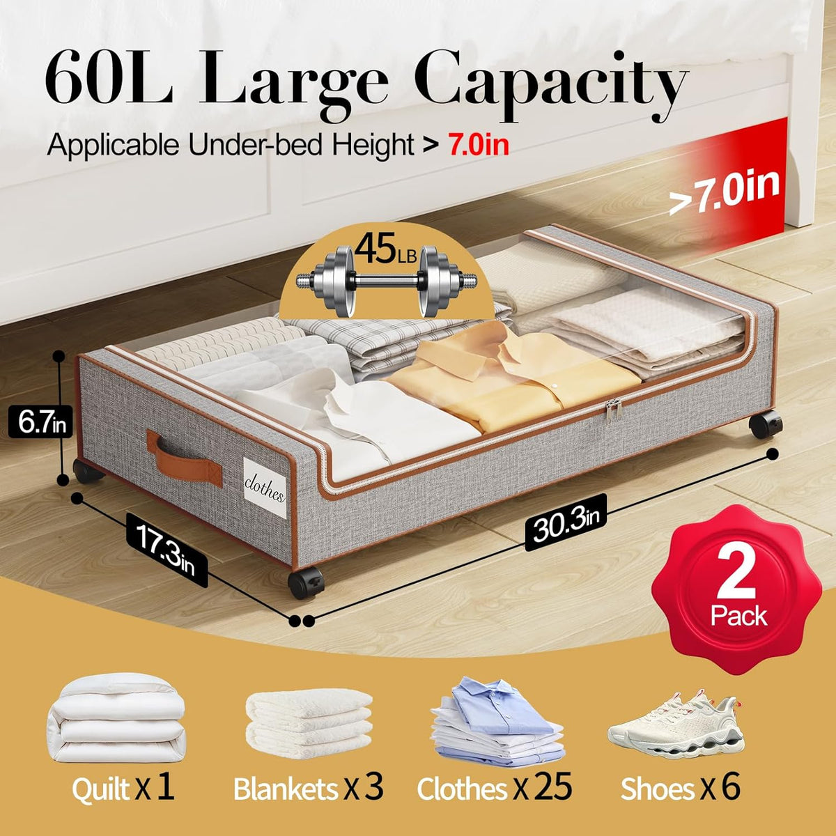 Yecaye Under Bed Storage with Wheels, 2 Pack Under Bed Storage Containers with Clear Lids & Label