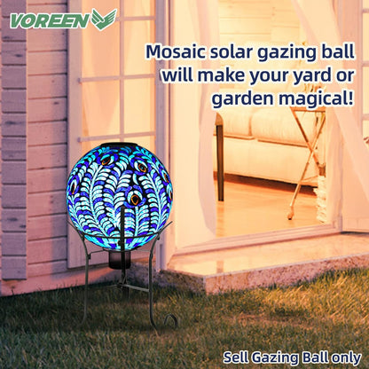 VOREEN Solar Gazing Ball, 10" Mosaic Glass Gazing Globe with Solar Light, Handmade Outdoor Yard