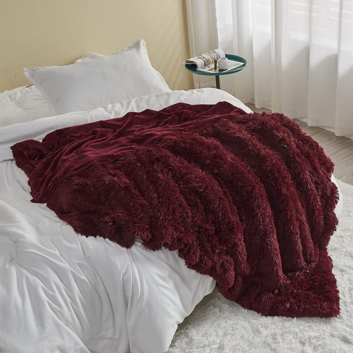 GONAAP Fuzzy Faux Fur Throw Blanket Queen Size Wine Red Super Soft Cozy Plush Fuzzy Shaggy Blanket
