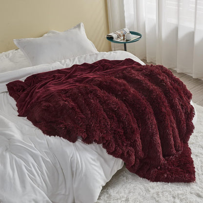 GONAAP Fuzzy Faux Fur Throw Blanket Queen Size Wine Red Super Soft Cozy Plush Fuzzy Shaggy Blanket