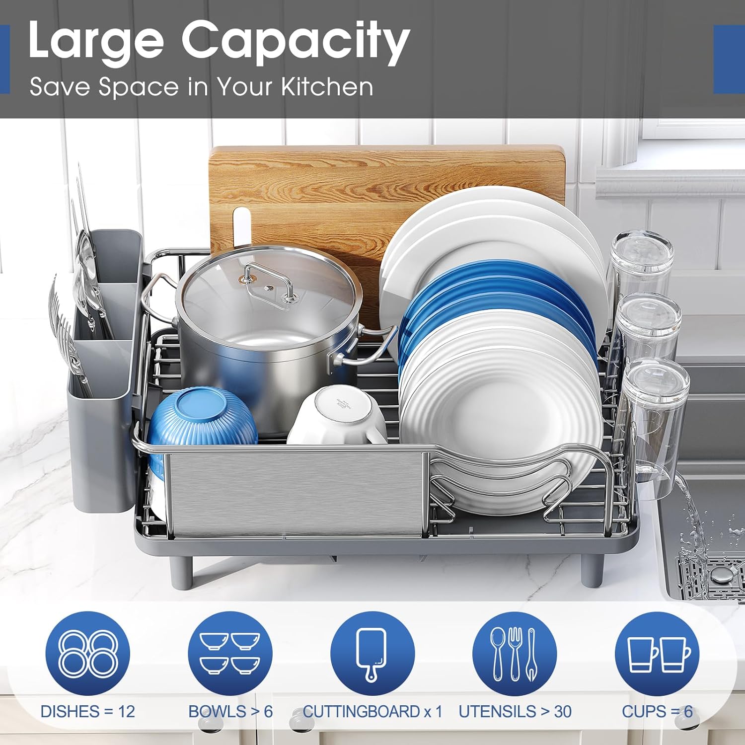 Stainless Steel Dish Drying Rack - Large Capcity 304 Grade Dish Drainer for Kitchen Counter with