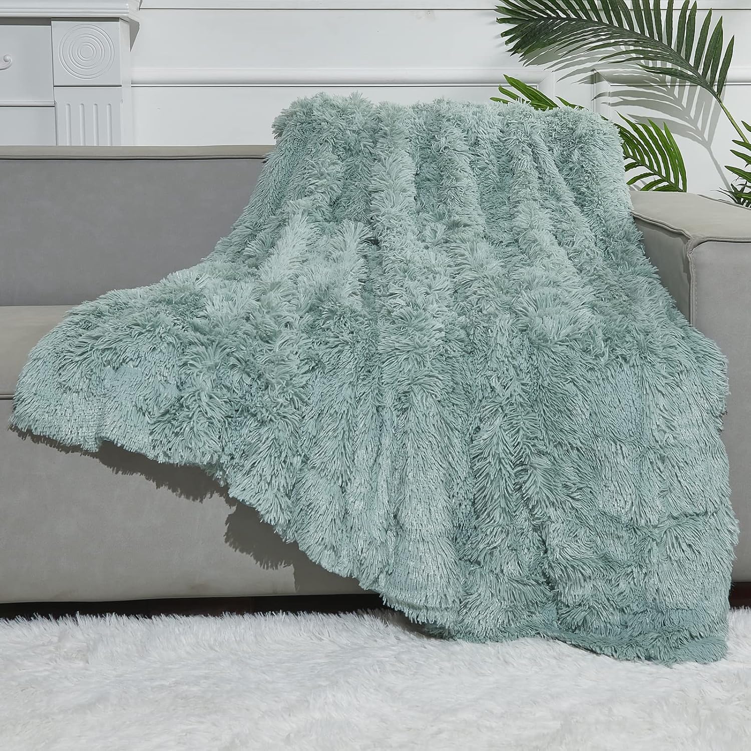 GONAAP Fuzzy Faux Fur Throw Blanket Twin Size Ice Blue Super Soft Cozy Plush Fuzzy Shaggy Blanket