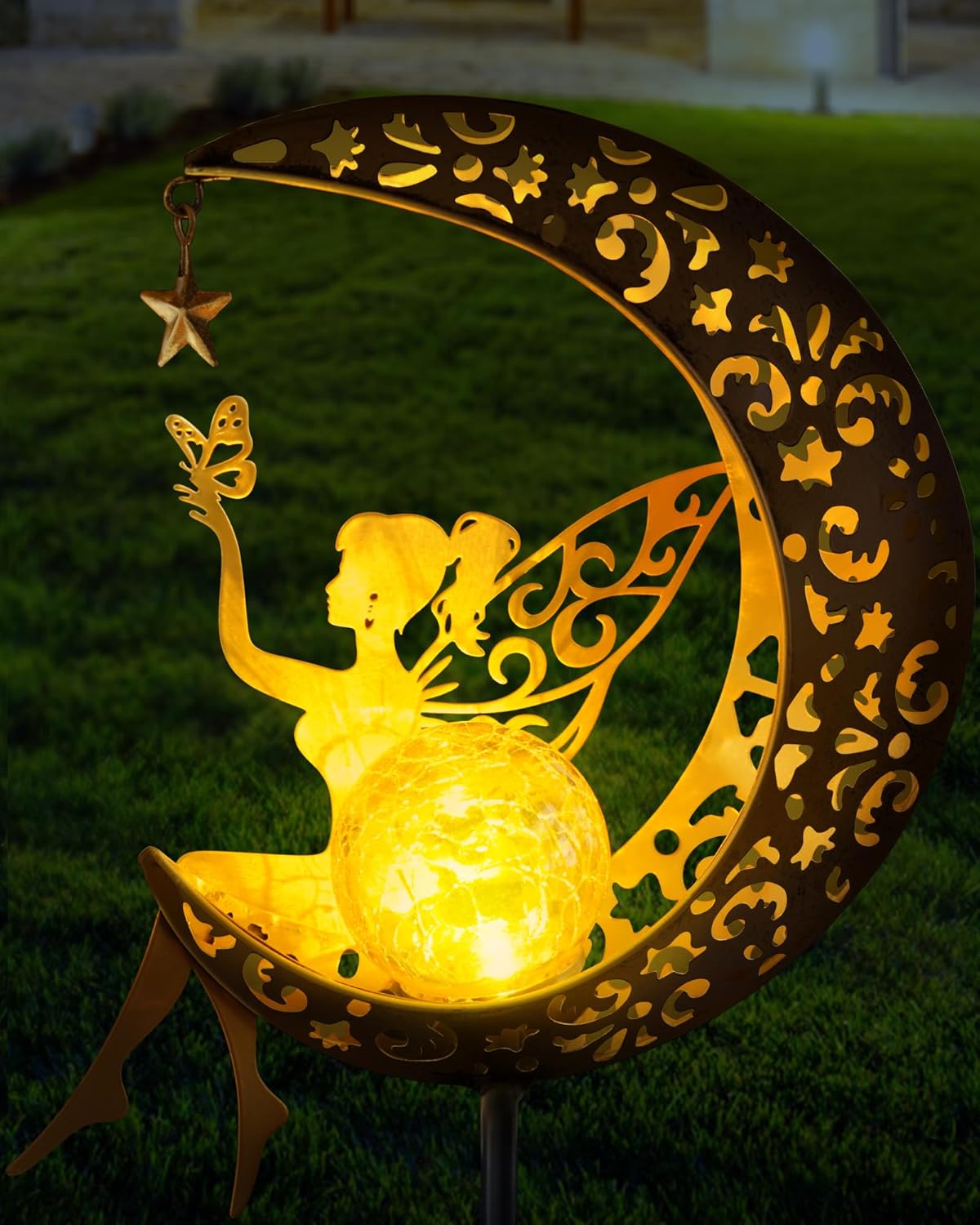 Solar Garden Statues Outdoor Decor, Fairy Moon Figurine Light Stake, Housewarming Ornament for