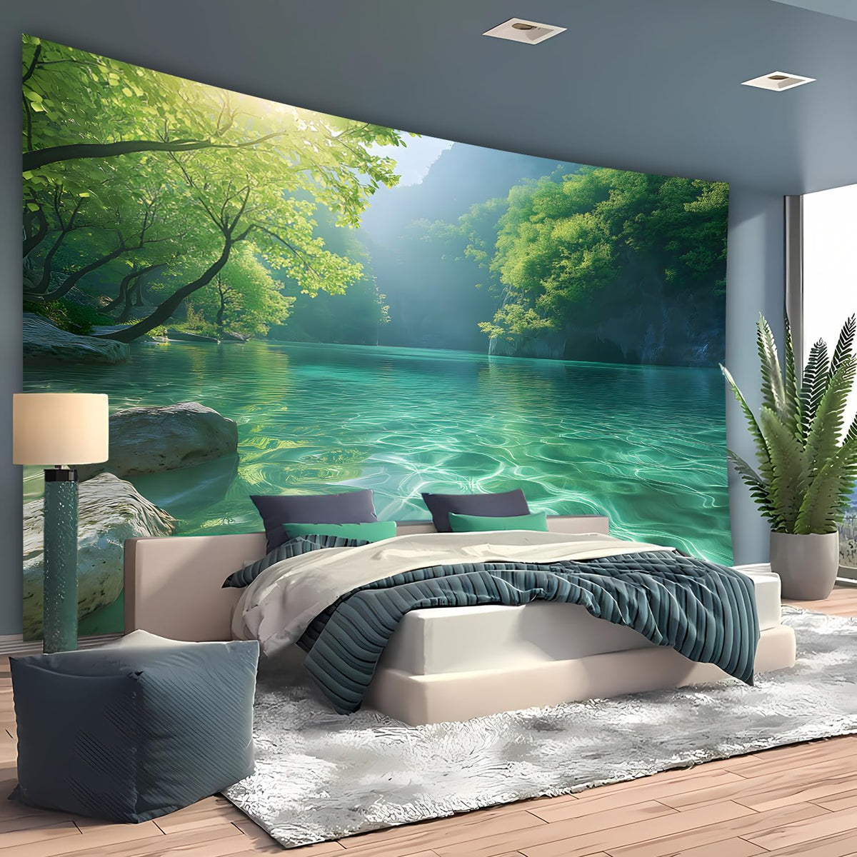 BSFHH Nature Tapestry Forest Tree Sea Cave Wall Hanging, Stream Through Rainforest Landscape Wall