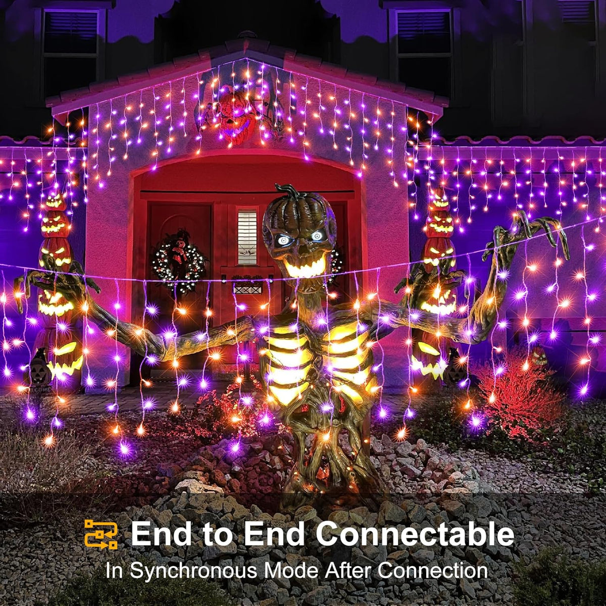 Orange and Purple Halloween Lights Outdoor Indoor, 33ft Icicle Lights for Outside 400 LED Twinkle