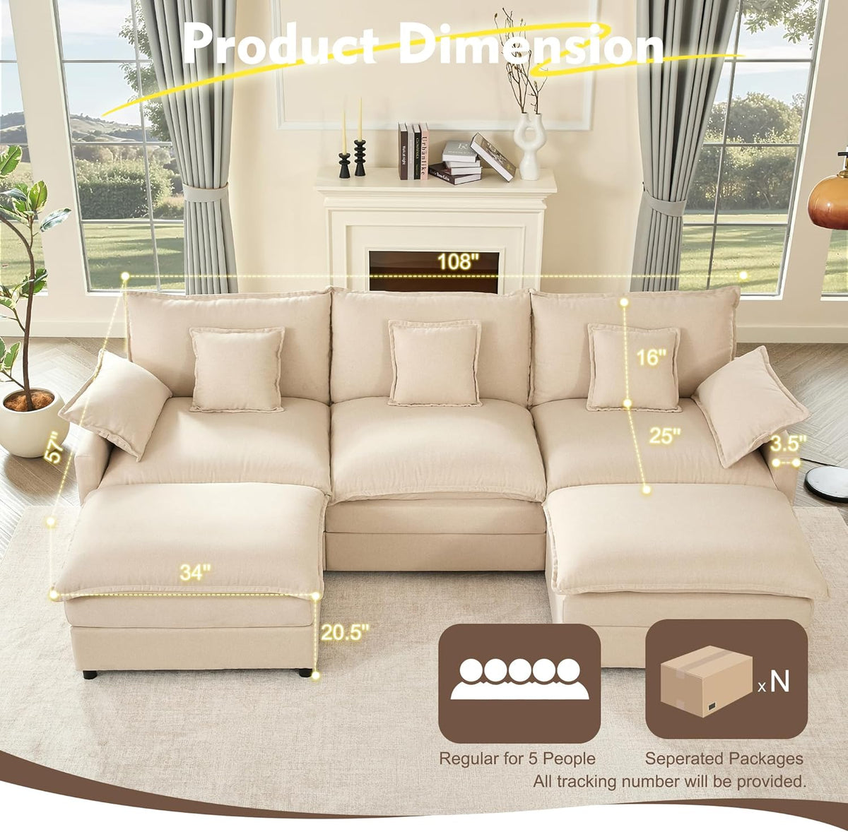 108" U Shaped Couch, Modular Sectional Sofa, 3-Seater Comfy Cloud Couch with Movable Ottoman, Deep