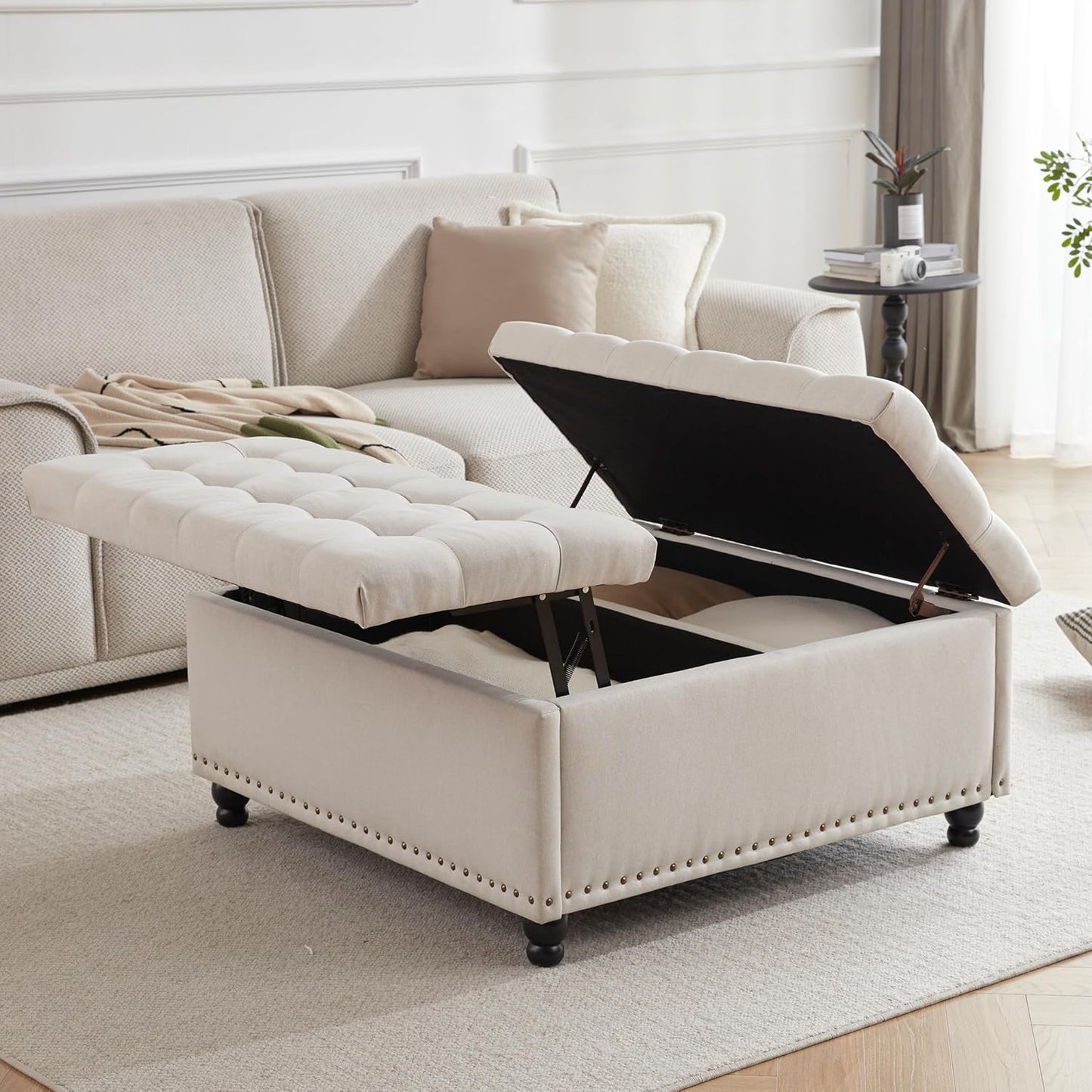 Tbfit Large Square Storage Ottoman Bench, Tufted Upholstered Coffee Table with Lift Top & Solid