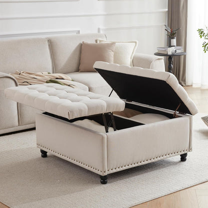 Tbfit Large Square Storage Ottoman Bench, Tufted Upholstered Coffee Table with Lift Top & Solid