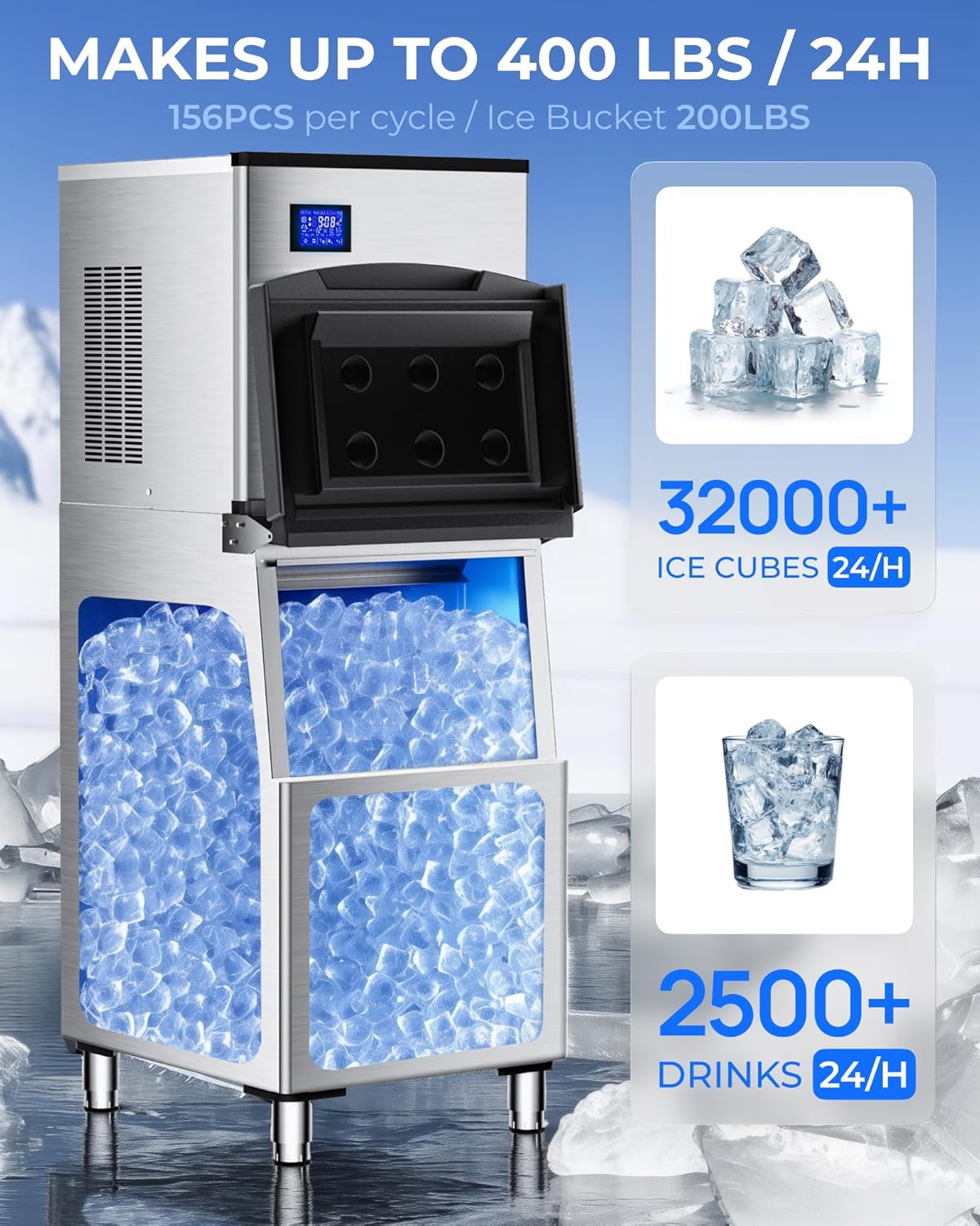 Commercial Ice Maker Machine 400 LBS/24H, Undercounter Large Ice Makers 250 LBS Storage Bin and 156