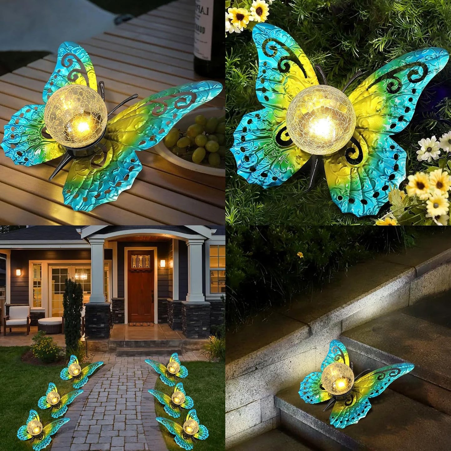 Solar Lights Outdoor Garden Butterfly Decor, Metal Butterfly Statue Decoration with LED Crackle