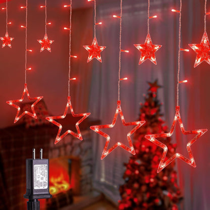 Red Christmas Star Icicle Lights,8.2FT 126LED Curtain String 8 Modes Memory Timer,Connectable Plug