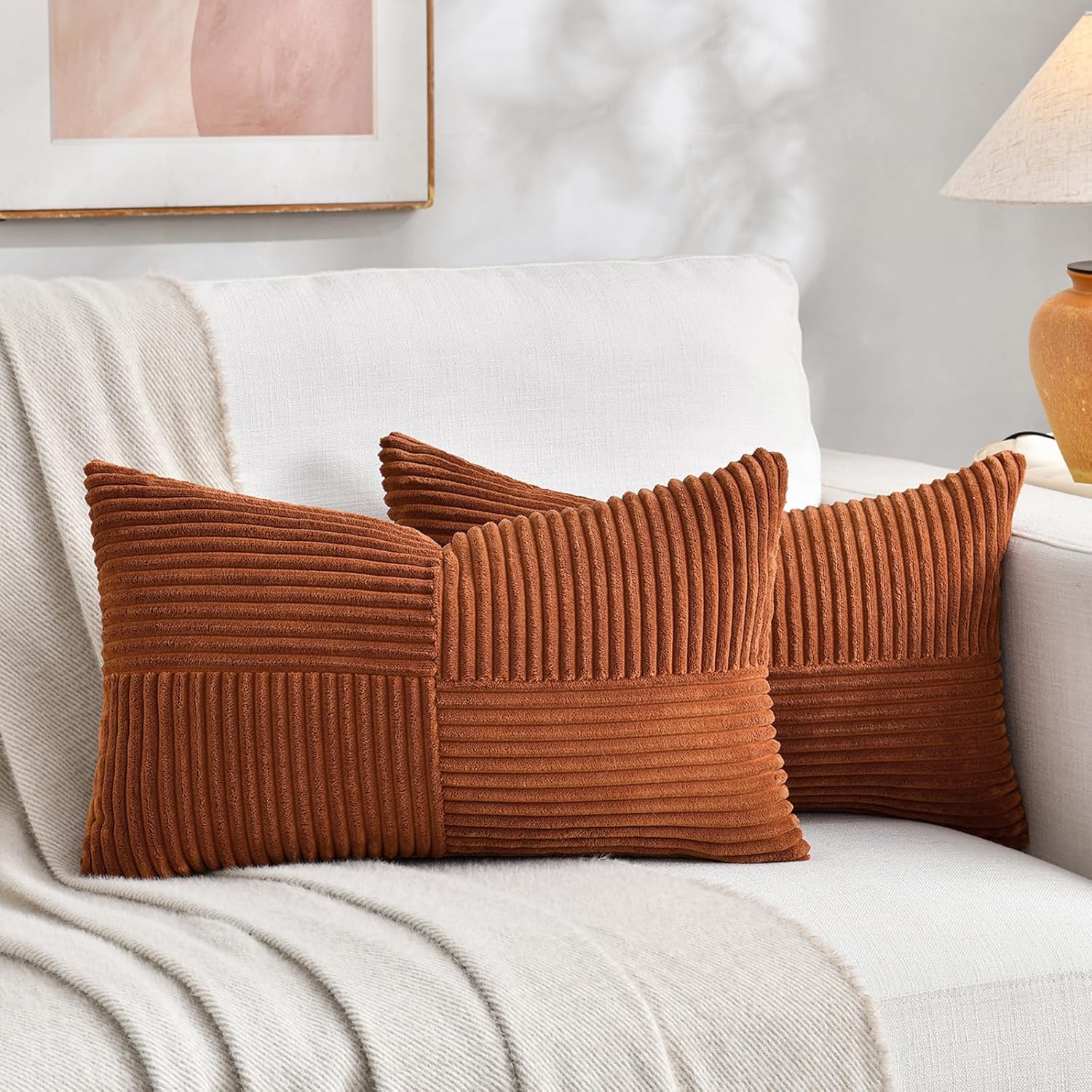 Fancy Homi 2 Packs Rust Lumbar Decorative Throw Pillow Covers 12x20 Inch for Couch Bed Sofa, Rustic