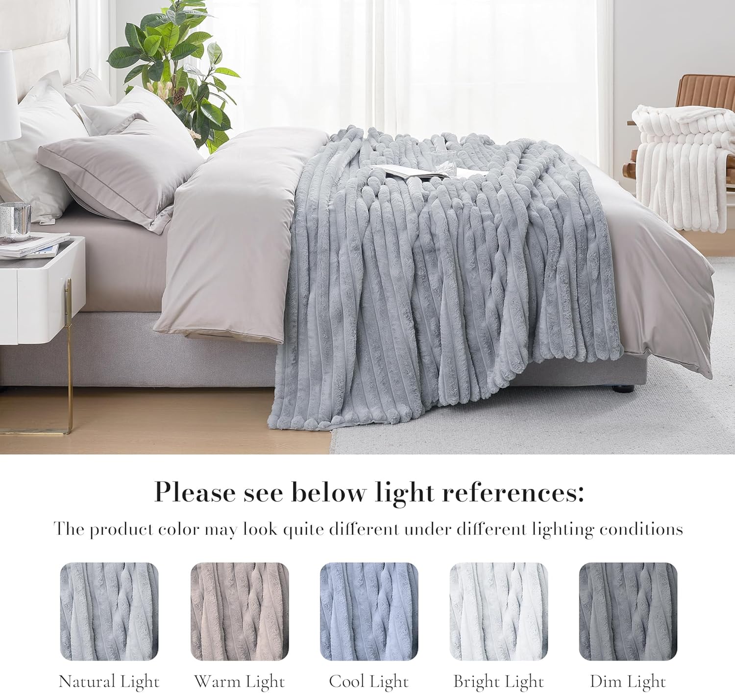 Amélie Home Faux Fur Throw Blanket for Couch, Cozy Fuzzy Fluffy Fur Luxurious Soft Striped Plush