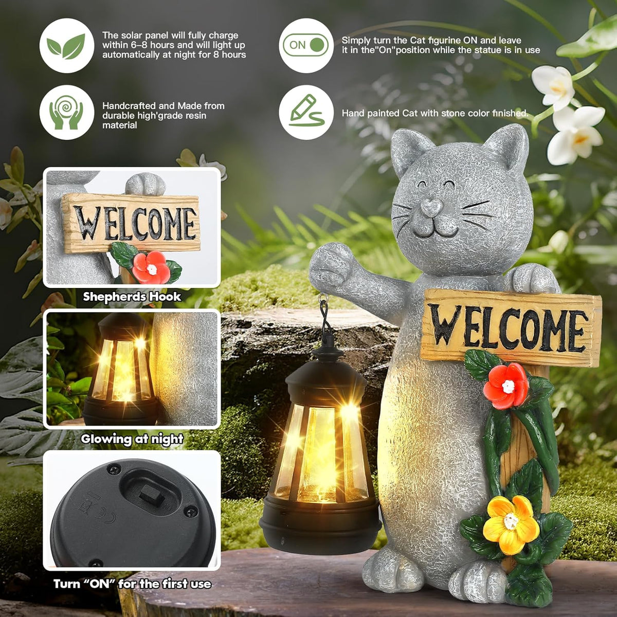 Json Garden Statue Solar Cat Figurine with Lantern, Solar Garden Decorations Statues for Patio