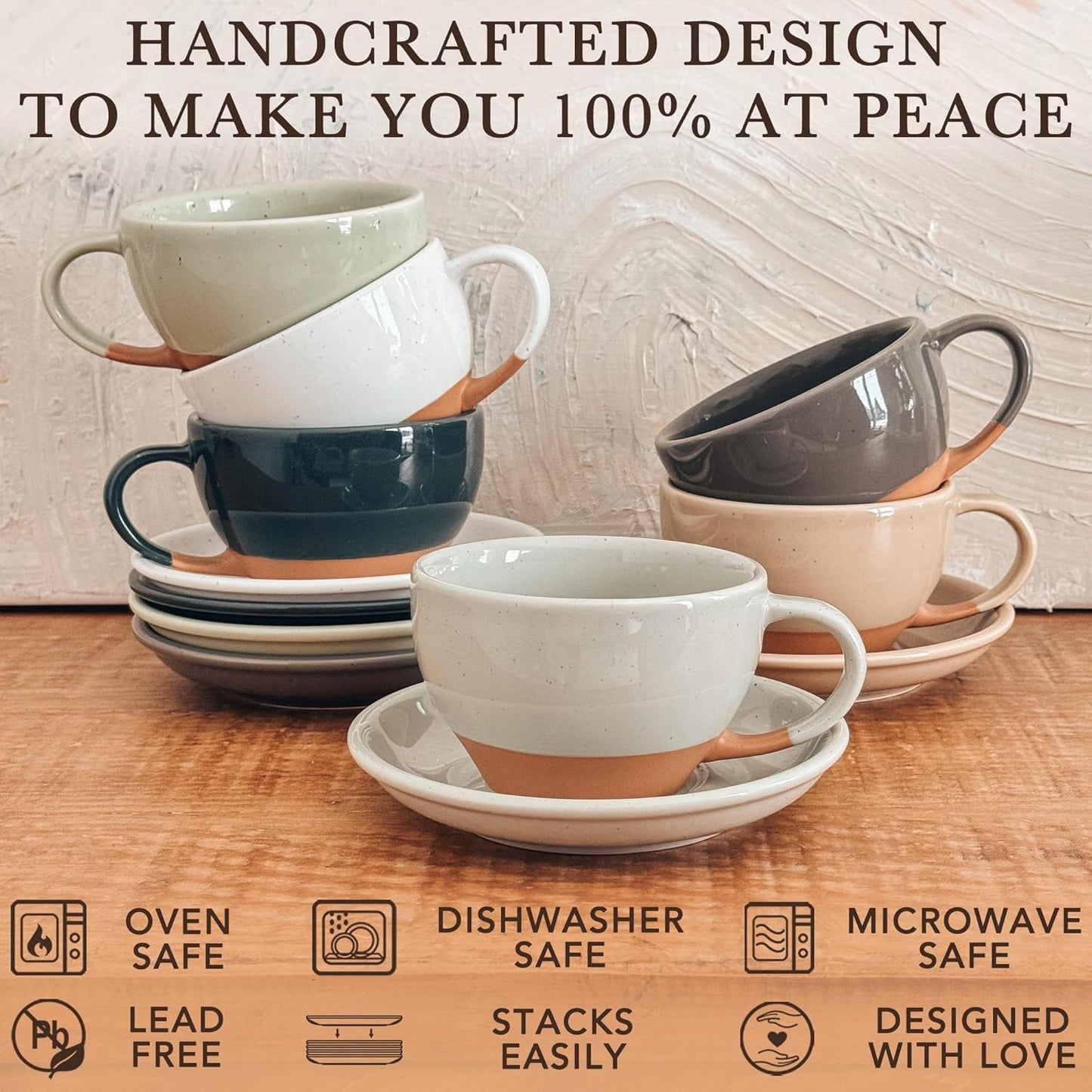 Mora Ceramic Latte Art Mug With Saucer - 10.5 oz, Round Bottom For Perfect Pours - Cafe Cups for
