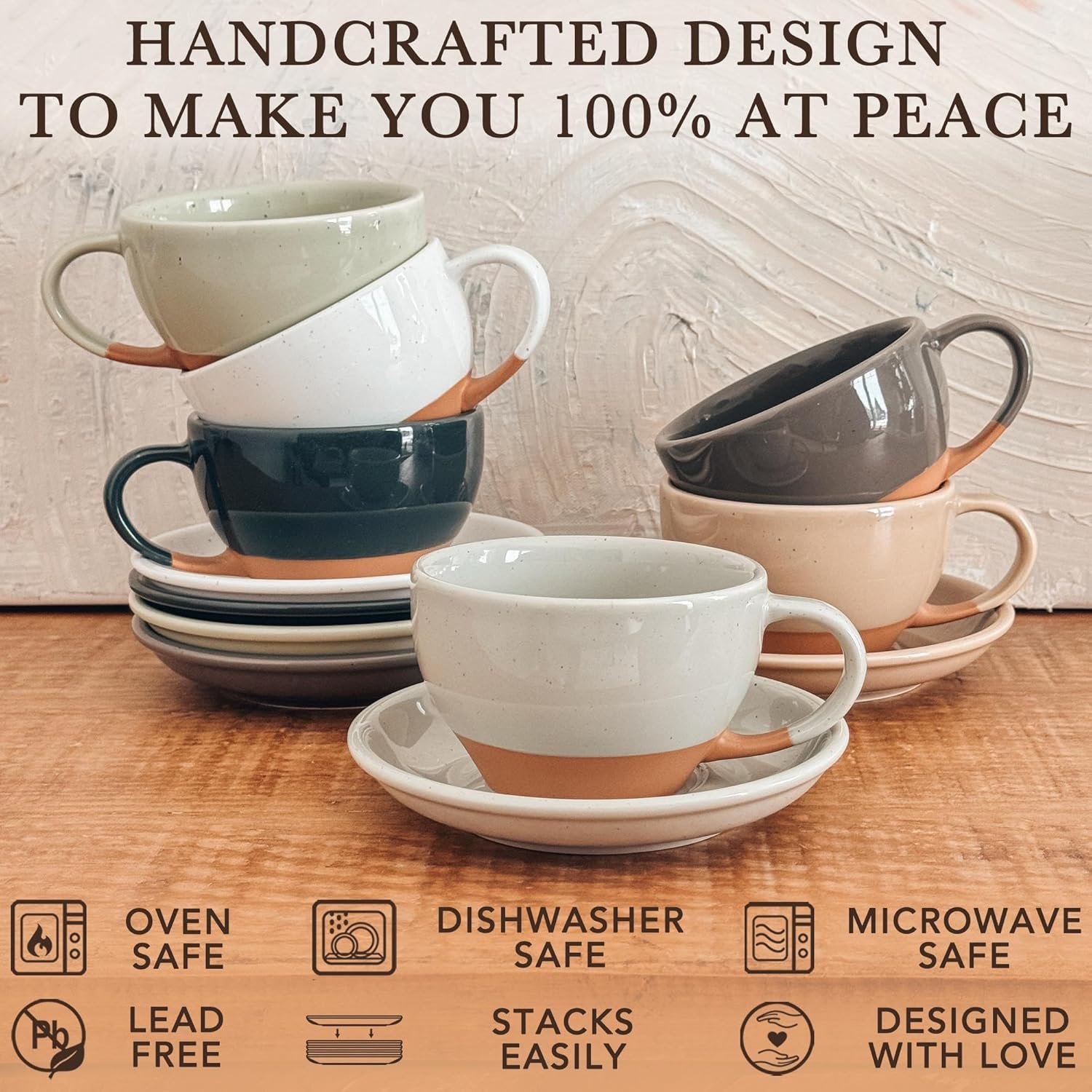 Mora Ceramic Latte Art Mug With Saucer - 10.5 oz, Round Bottom For Perfect Pours - Cafe Cups for