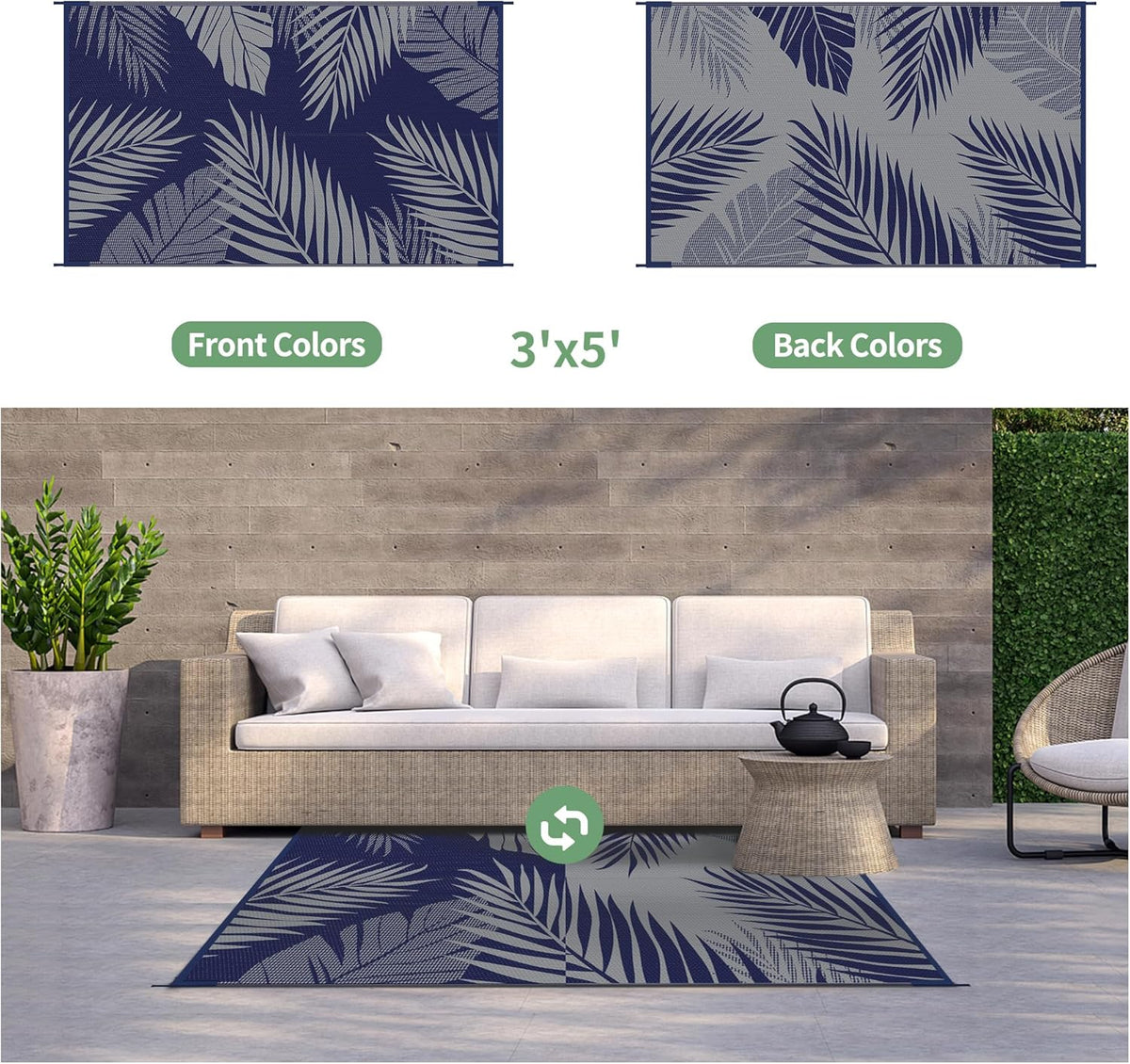 GENIMO Outdoor Rug 3' x 5' Waterproof for Patios Clearance, Reversible Outdoor Plastic Straw