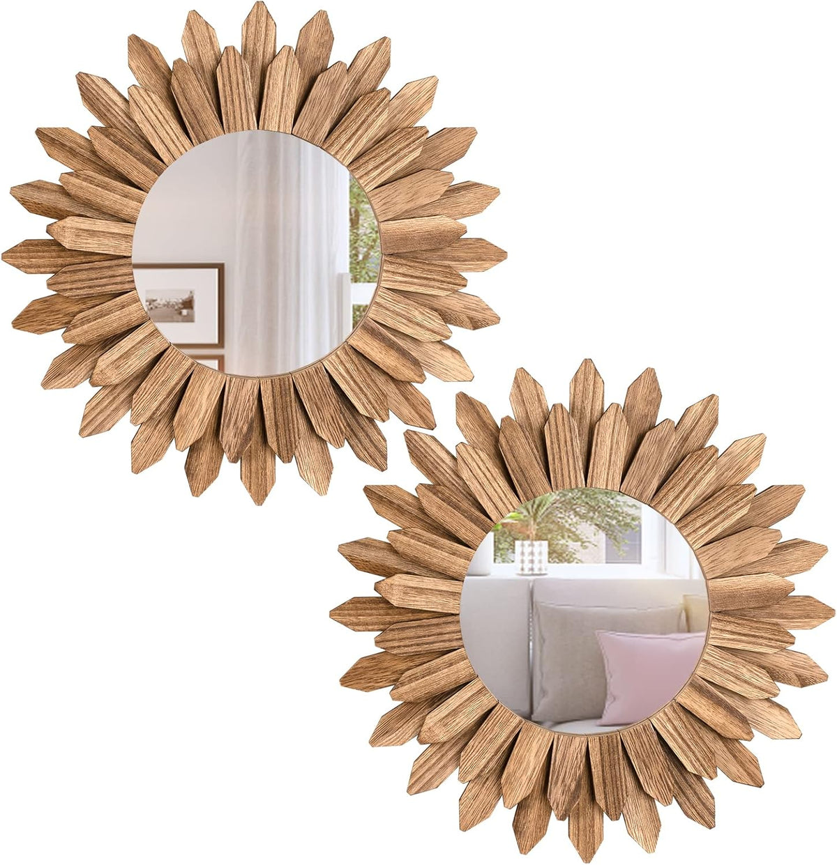 Honiway Boho Wall Decor Mirror 2 Pack Rustic Wood Mirror 12 inch Boho Mirror Home Decor Farmhouse