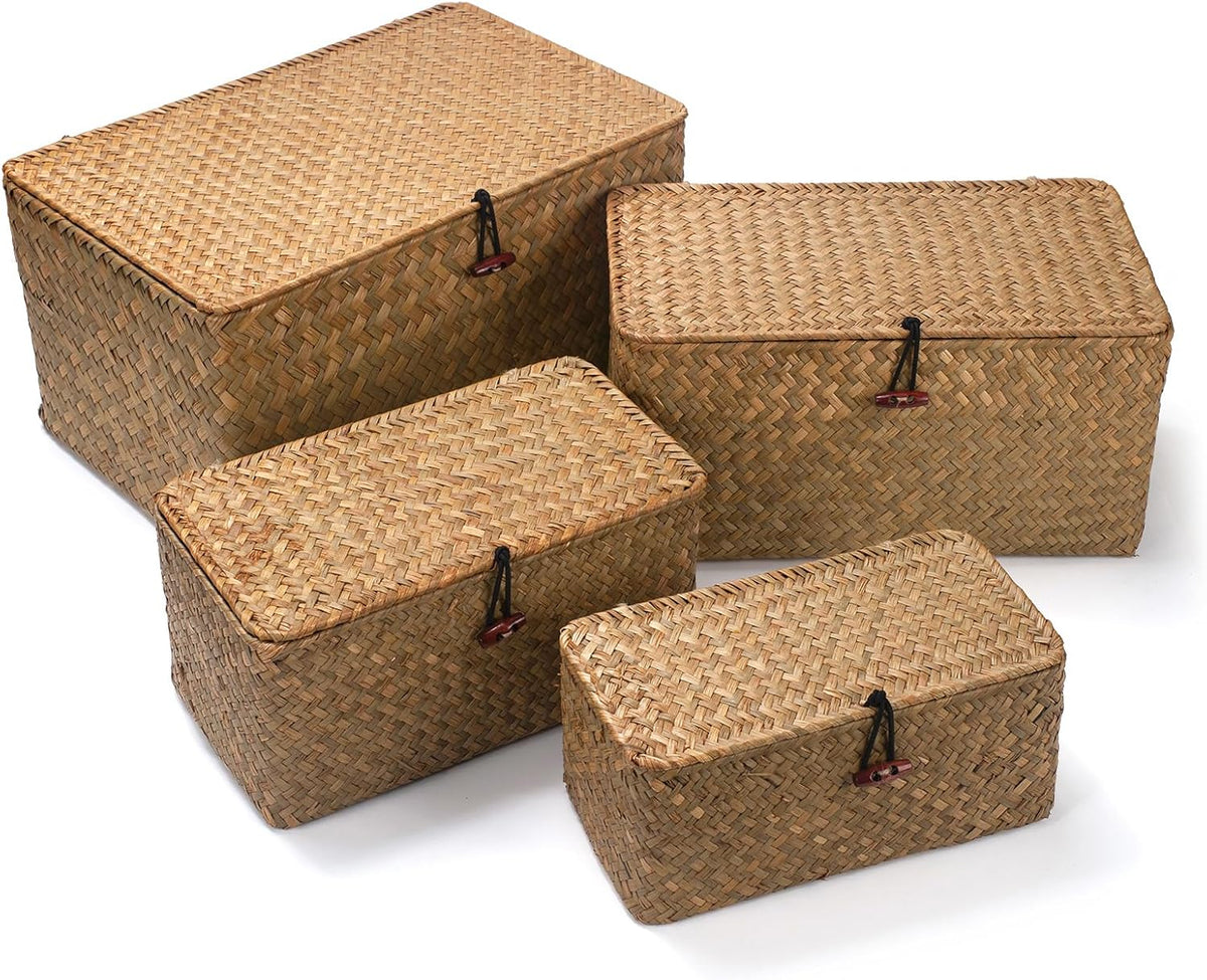 Wicker Basket with Lid, Seagrass Storage Basket, Woven Baskets for Storage, Decorative Storage