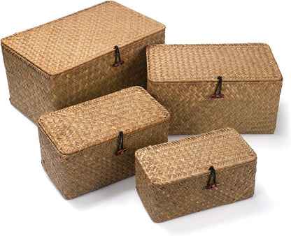 Wicker Basket with Lid, Seagrass Storage Basket, Woven Baskets for Storage, Decorative Storage