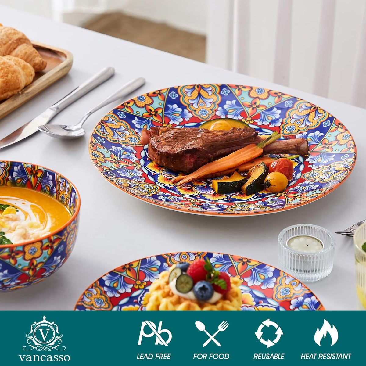 vancasso 12 Pieces Dinnerware Sets, Orange Plates and Bowls Set, Porcelain Dishes Set for 4