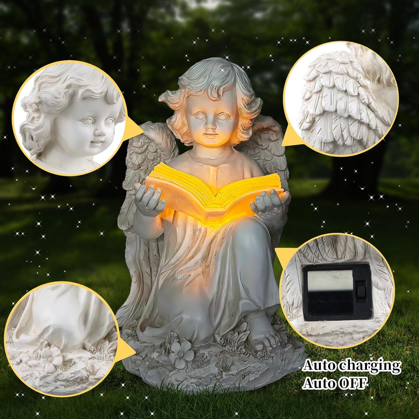 Garden Angel Statues for Outside, Solar Angel for Garden with Bible & Cemetery Decorations for
