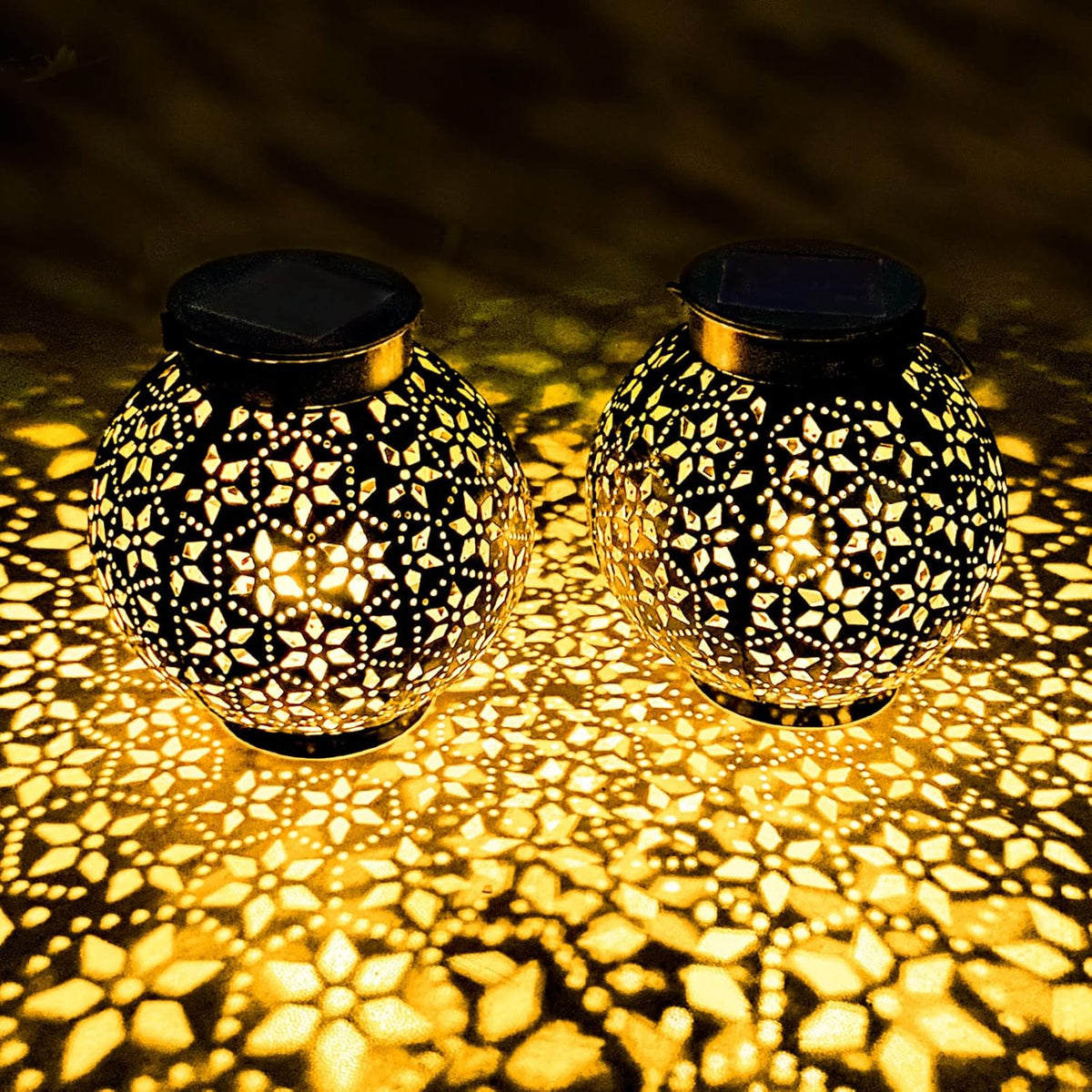2 Pack Outdoor Solar Lantern Lights, Waterproof Tabletop LED Moroccan Lanterns, Hanging Metal